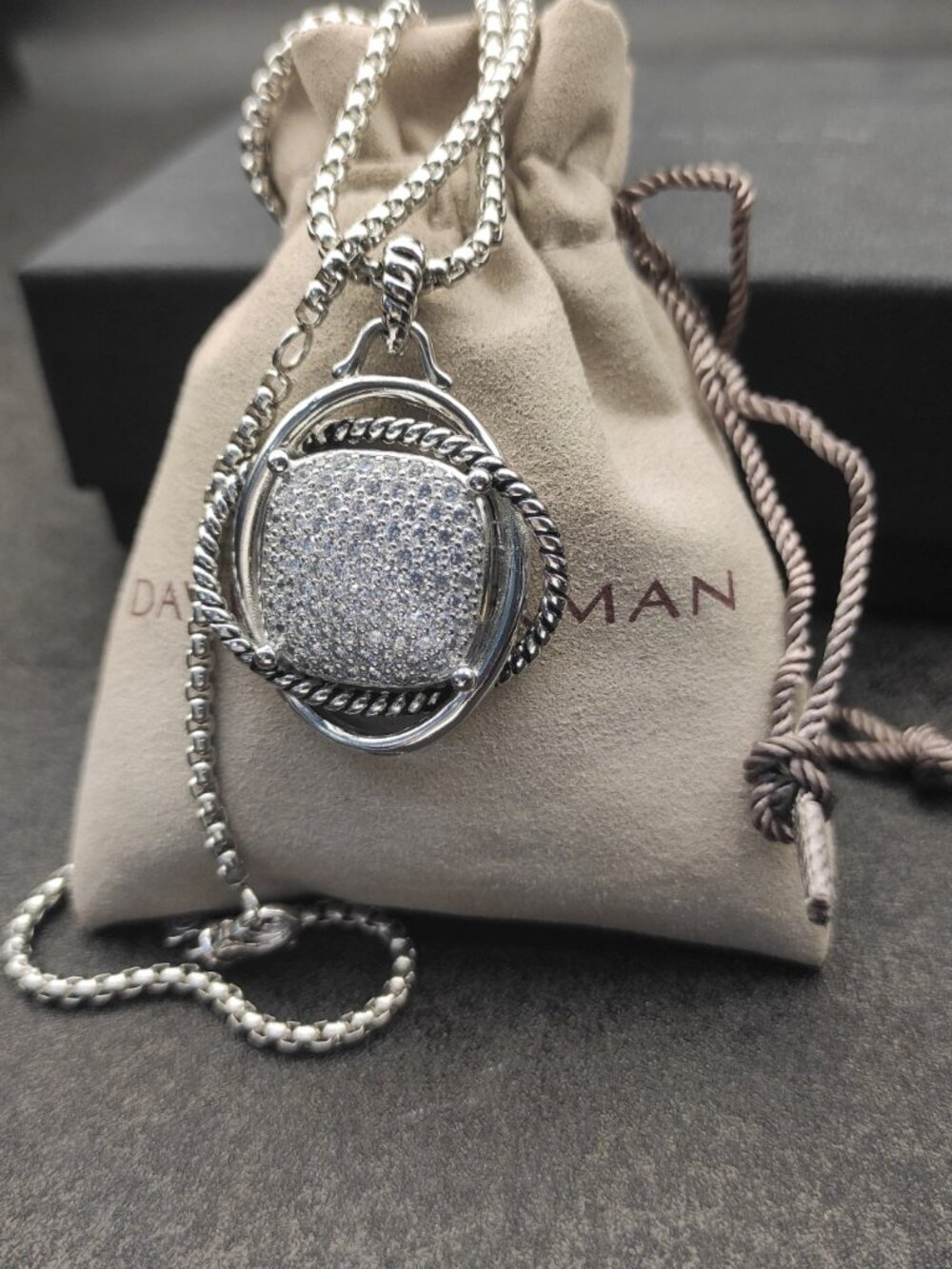 David Yurman 32mm Full Diamond Square Diamond Button Necklace